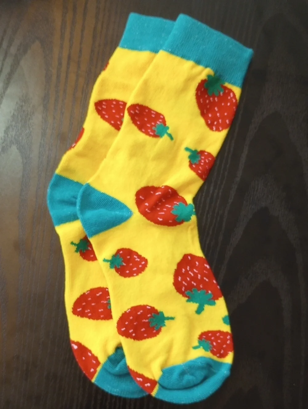 Yellow Strawberry Crew Mid calf Socks with Teal Accents